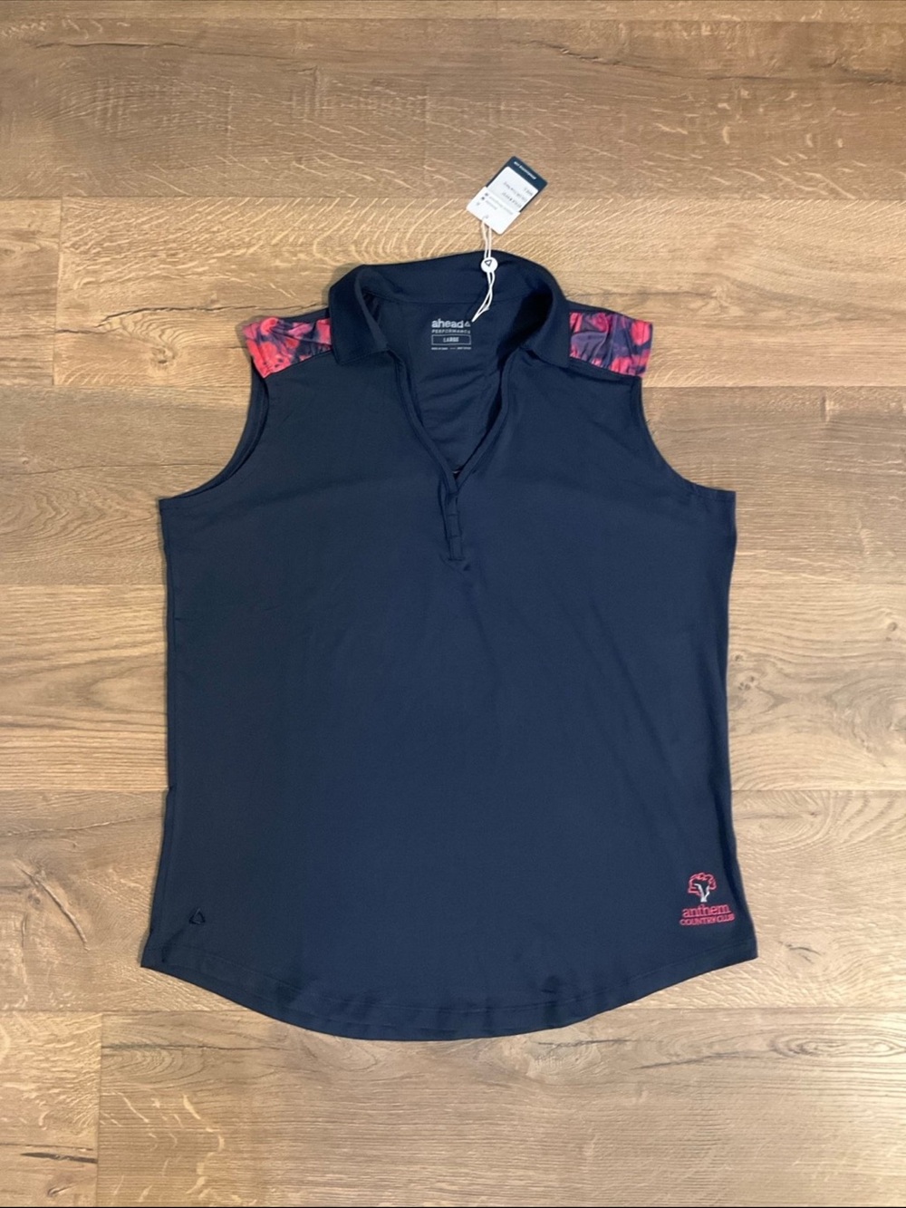 Ahead Performance navy golf tank with pink ruched trim, L, NWT!